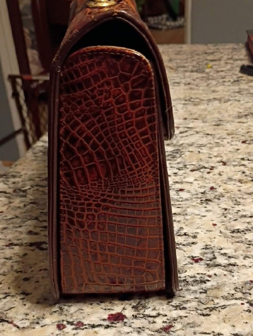 Croc-Embossed Two-Tone Brown Top-Handle Satchel - Picture 6 of 13